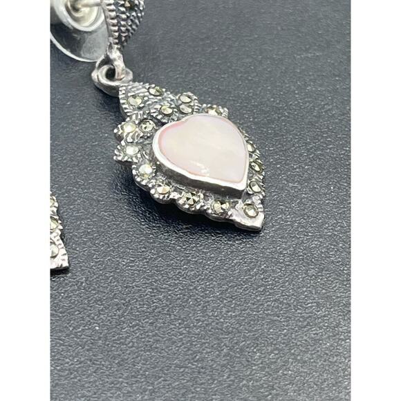 Vtg Signed M 925 Sterling Silver
Marcasite Mother of Pearl Heart
Dangle Earrings - Picture 4 of 15